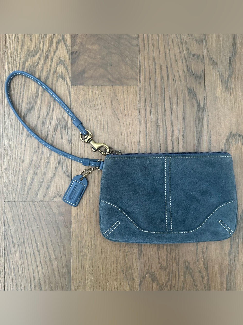Vintage Coach Rare Suede and Leather Wristlet in Denim Blue, Brass